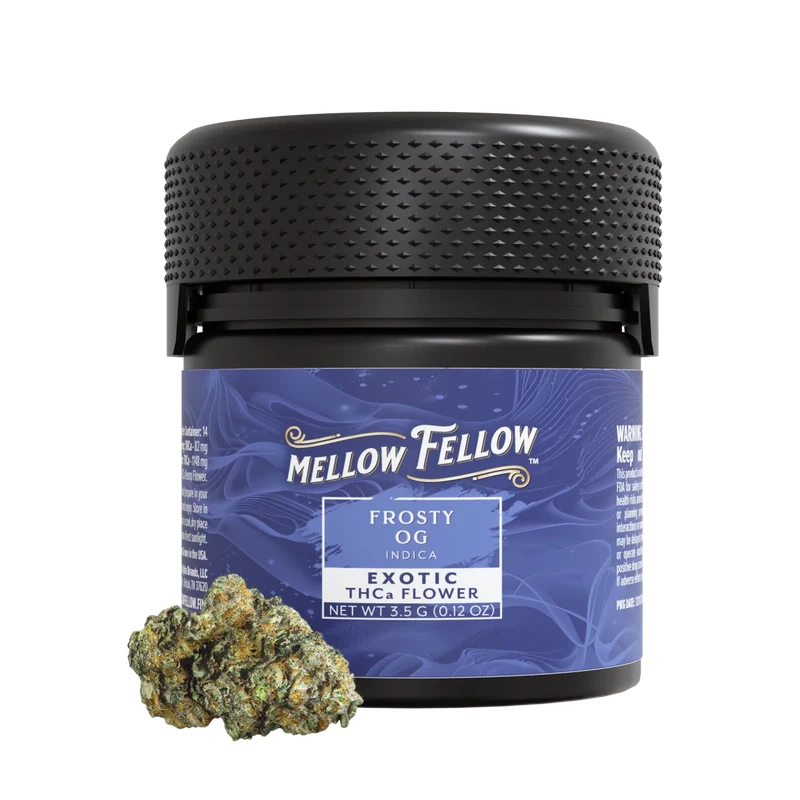 Mellow Fellow THCa exotic flower Frosty OG indica jar